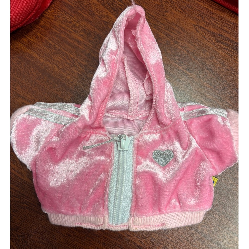 Build-A-Bear Pink Velour Zip Up Hoodie Silver Heart Stripes Plush Outfit OS